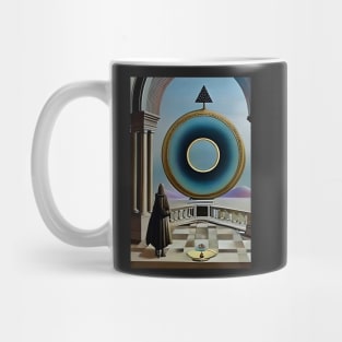 Surrealist painting like digital art of a Wizard in a balcony looking out at the Monad of creation Mug